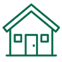 Simple illustration of a house with a triangular roof, two windows, and a door, outlined in green and black.